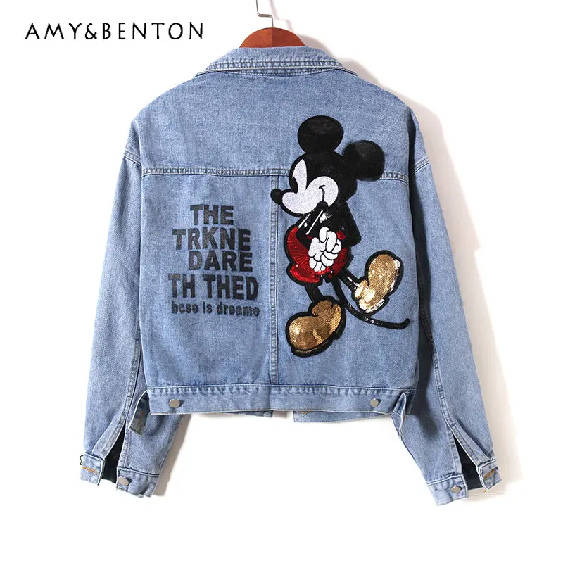 Sequined Letters Denim Short Coat for Women Spring New Slim Fit Versatile Jacket Top Trendy Cartoon Print Jeans Jackets Ladies