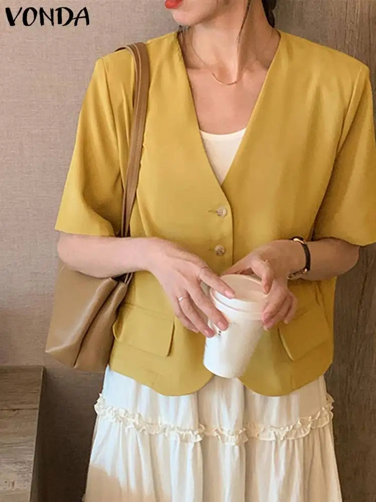 

Fashion 2023 Summer Women Blazer VONDA Short Sleeve Elegant Casual Loose Solid Color Blazer Loose Streetwear Coats Femme