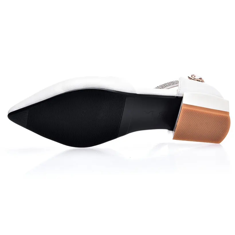 White Summer Women Pumps Low Square Block Heel PU Leather Pointed Toe D'Orsay Pink Wedding Office Crystal Ankle Strap Lady Shoes