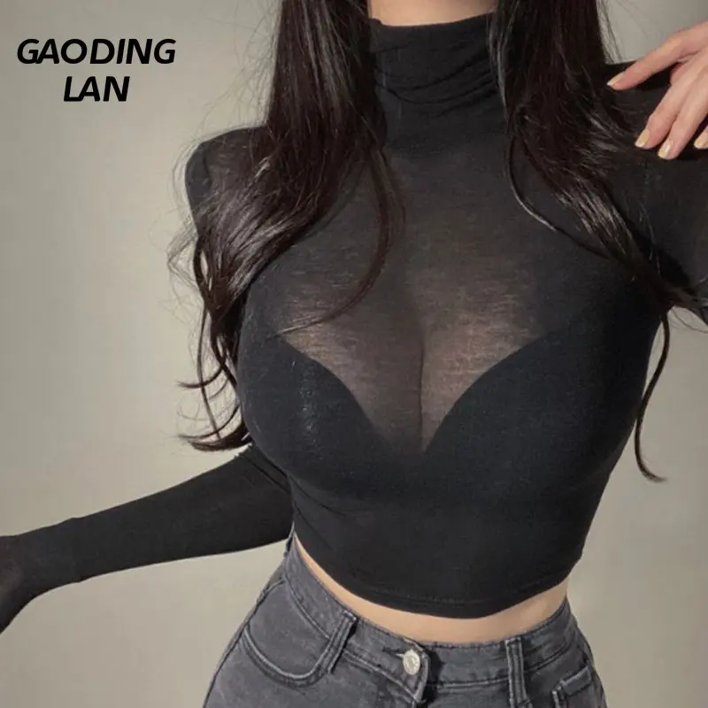 

GAODINGLAN Long Sleeve Women Perspective T-shirts Thin Sexy Slim Fit Tight Bottoming Shirt Solid Color Turtleneck Short Tops