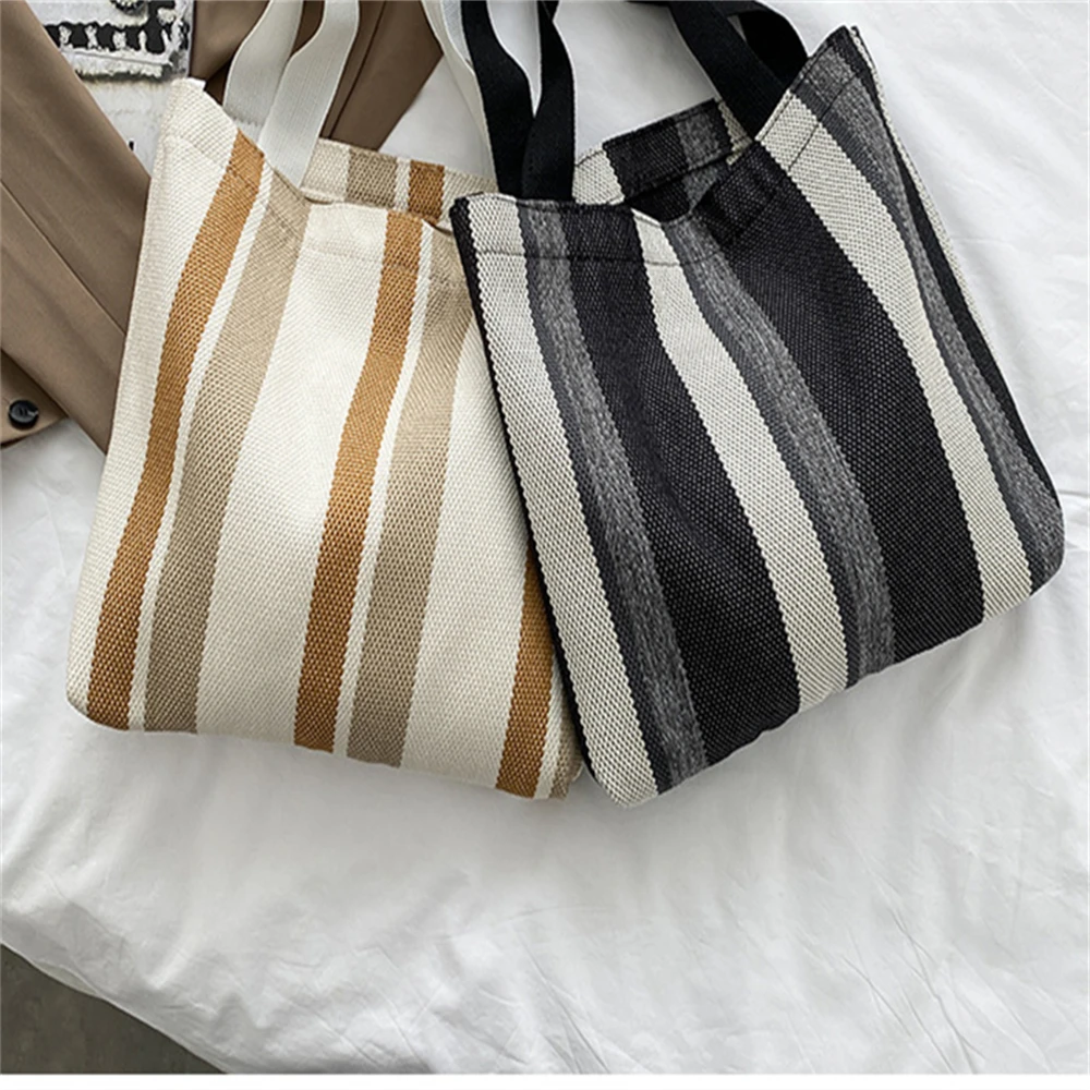 

Retro Handbag Small Fresh Striped Canvas Bags For Women Casual Literature Large-Capacity Shoulder Bag Female Shopper Canvas
