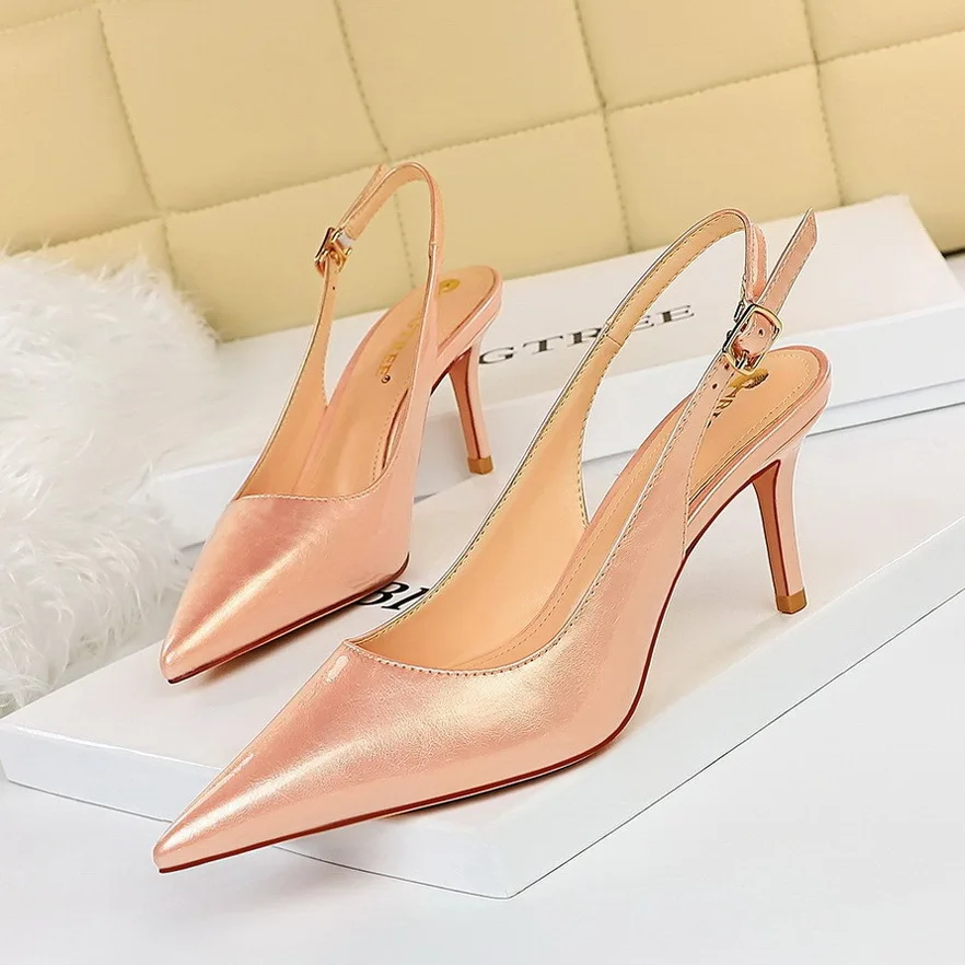 

BIGTREE Summer Elegant Women Glitter Pink Yellow Heels Slingback Sandals 7cm Stiletto High Heels Sandals Wedding Shoes Plus Size