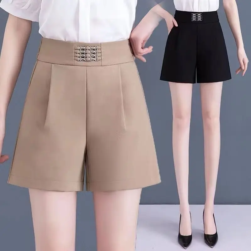 Fashion All-match Female Solid High Waist Shorts Office Lady Korean Simplicity Sequined Spliced Loose Shorts Women's Clothing