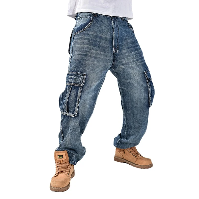 2022 New Japan Mens Straight Denim Cargo Pants Biker Jeans Men Baggy Loose Blue Pockets Jeans Men