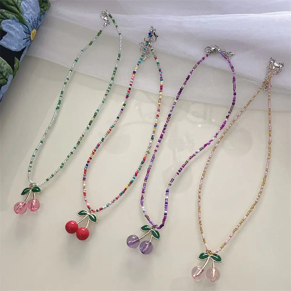 

Boho Rainbow Beads Cherry Choker Necklaces For Women Girl Korean Cute Fruit Weave Beaded Pendant Necklace Chic Summer Jewelry