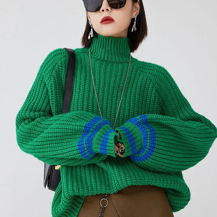 

Green Sweaters Pullover Sweaters Puff Sleeve Oversize Sweater Women Loose Tops Color Blocking Shirts Winter Mock Neck Sweater