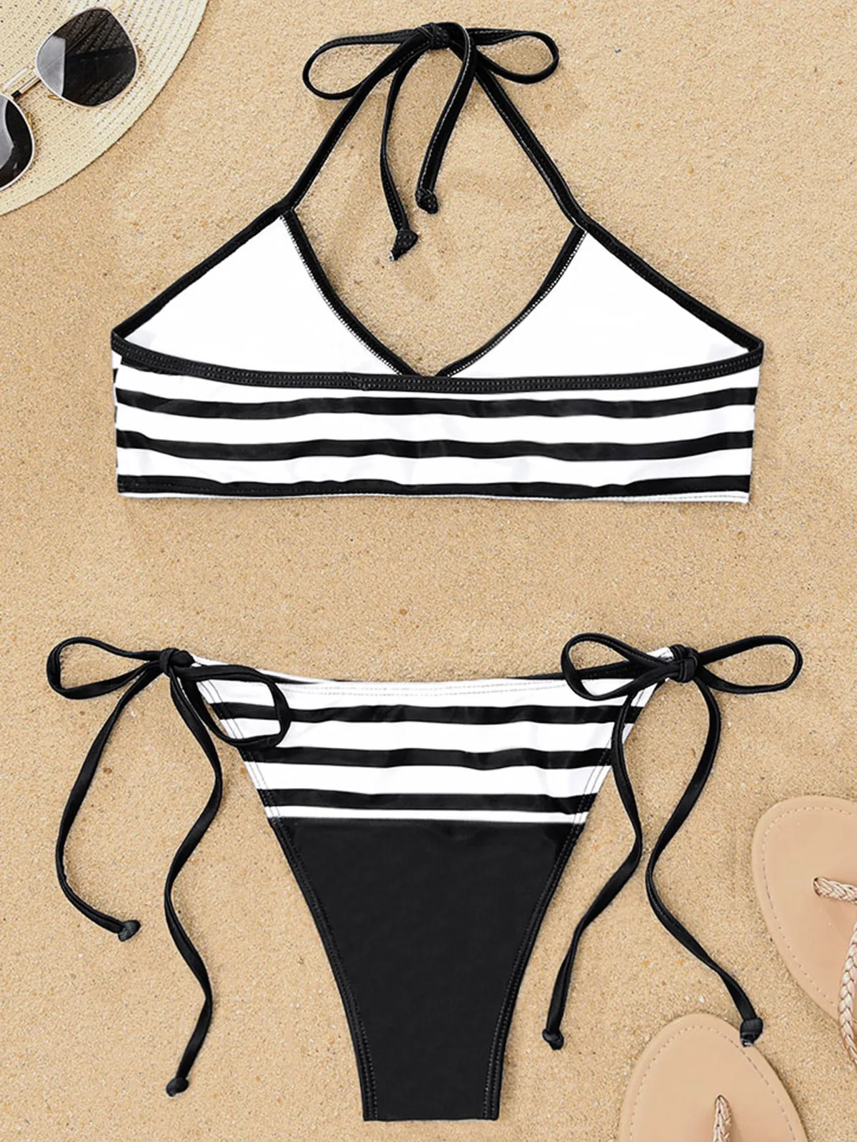 Women'S Striped Halter Tie Bikini Set Swimsuit Sexy Beach Bra Thong Set 2023 Summer New Swimsuit Female Breathable