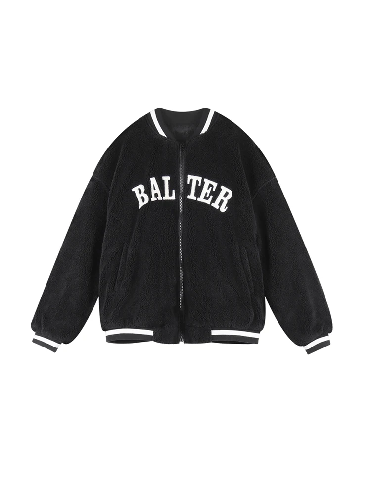 

2022 Women Autumn Winter Baseball Uniform Contrast Color Lettered Printing Jacket Long Sleeve Coat American Style Plush Outwear