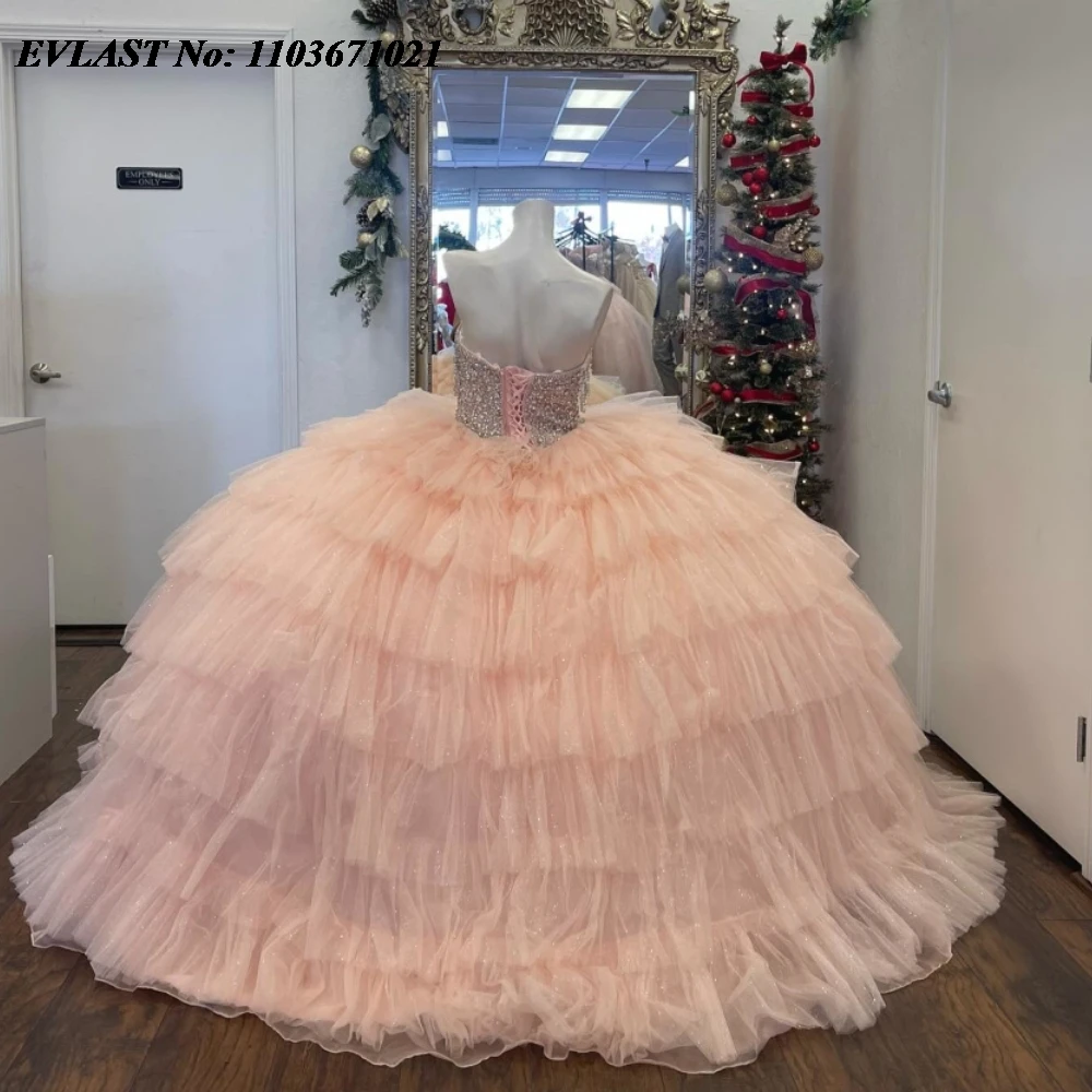 Роскошное розовое платье EVLAST Quinnceanera бальное многоярусная аппликация украшенная