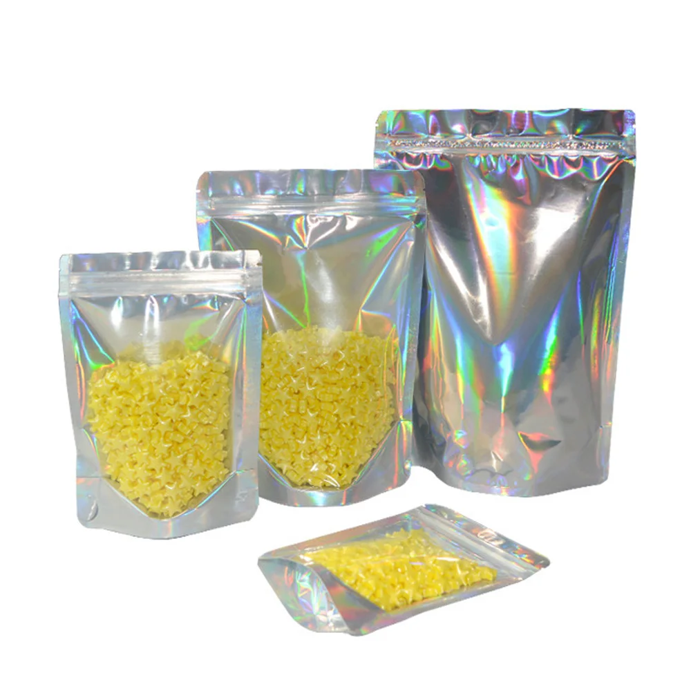 

100Pcs/Lot Clear Glittery Silver Mylar Foil Zip Lock Stand Up Bag Reusable Resealable Tear Notch Doypack Grip Seal Food Pouches