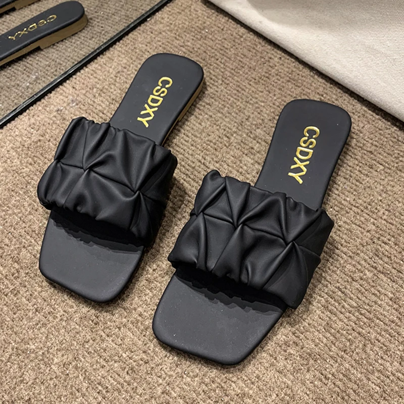 Pleated Women Slippers Summer 2023 New Flat Outdoor Slippers For Women Flip Flops Green Non-Slip Sandals Trend Big Size 42