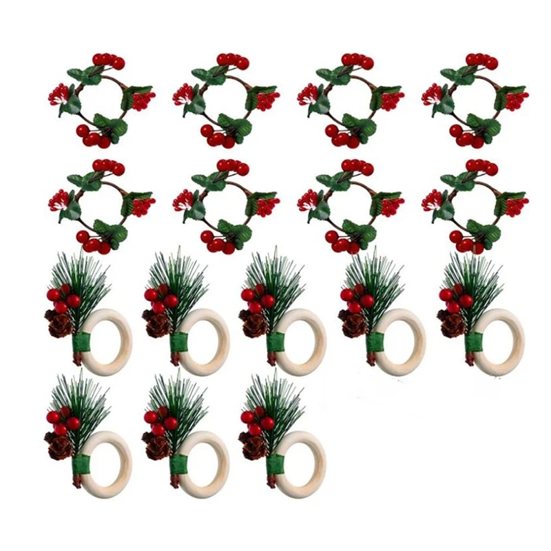 

16 Pieces Christmas Napkin Rings Wood Napkin Holders Rustic Serviette Holders Red Berry Decor for Dinner Wedding Party