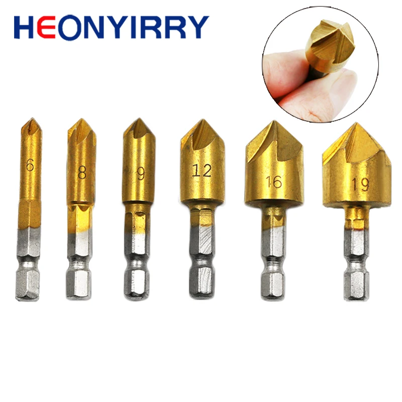 

6Pcs Verzinkboor Boor Set 1/4 ''Hex Shank Hss 5 Fluit Verzinkboor 90 Graden Hout Afkanten cutter Afschuining 6Mm-19Mm