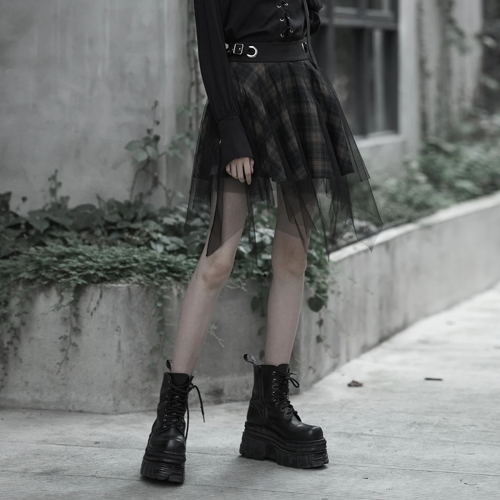 PUNKRAVE Women's Skirt Gothic High Waist Mini Skirt Daily Dark Mesh A-line Asymmetric Half Skirts