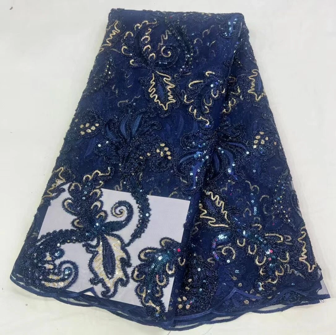 

High Quality Blue Embroidery 5 Yards African Mesh Lace Fabric French Sequins Lace Fabric Nigeria Net Tulle Materia HD039