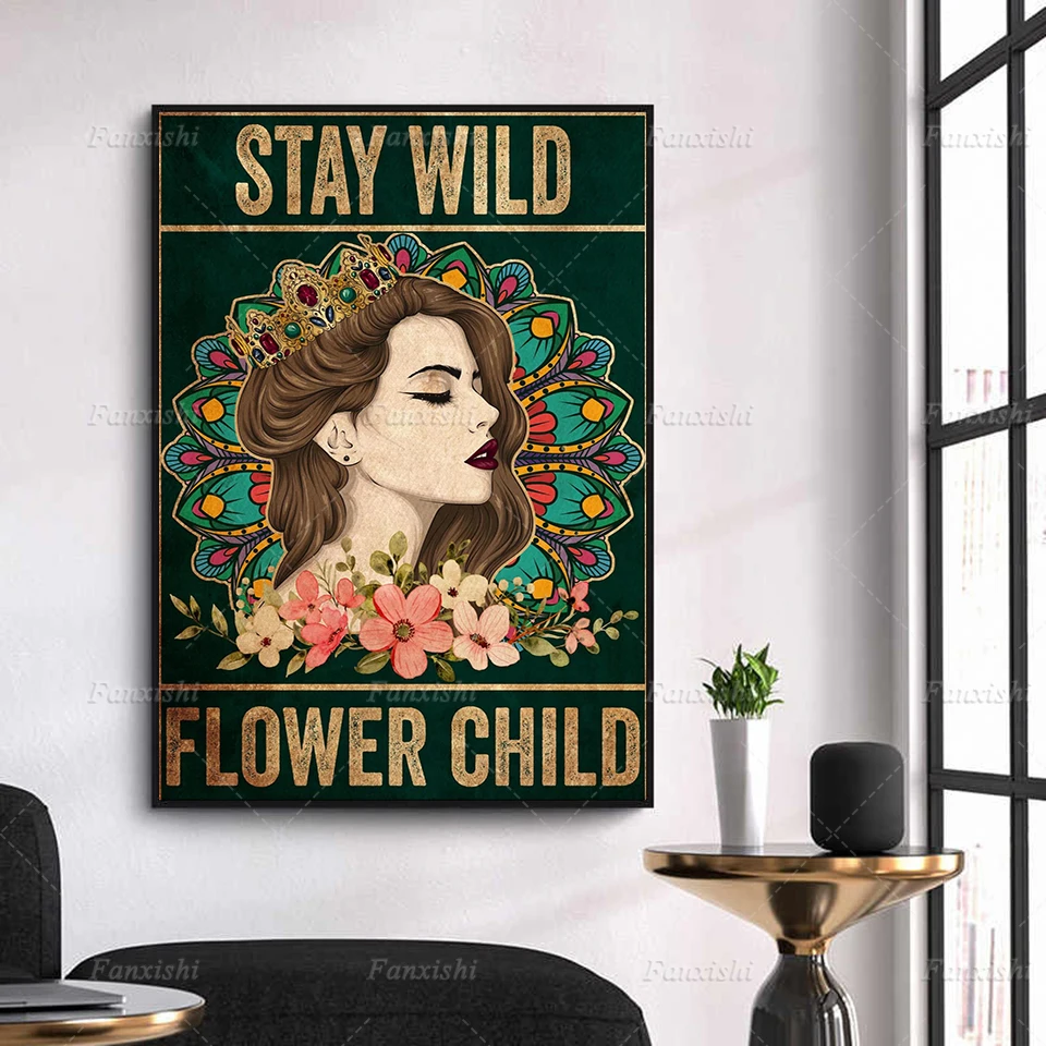 

Stay Wild Flower Child Hippie Soul Wall Art Vintage Bohemian Peace Love Retro Sign Colorful Abstract Home Decor For Living Room