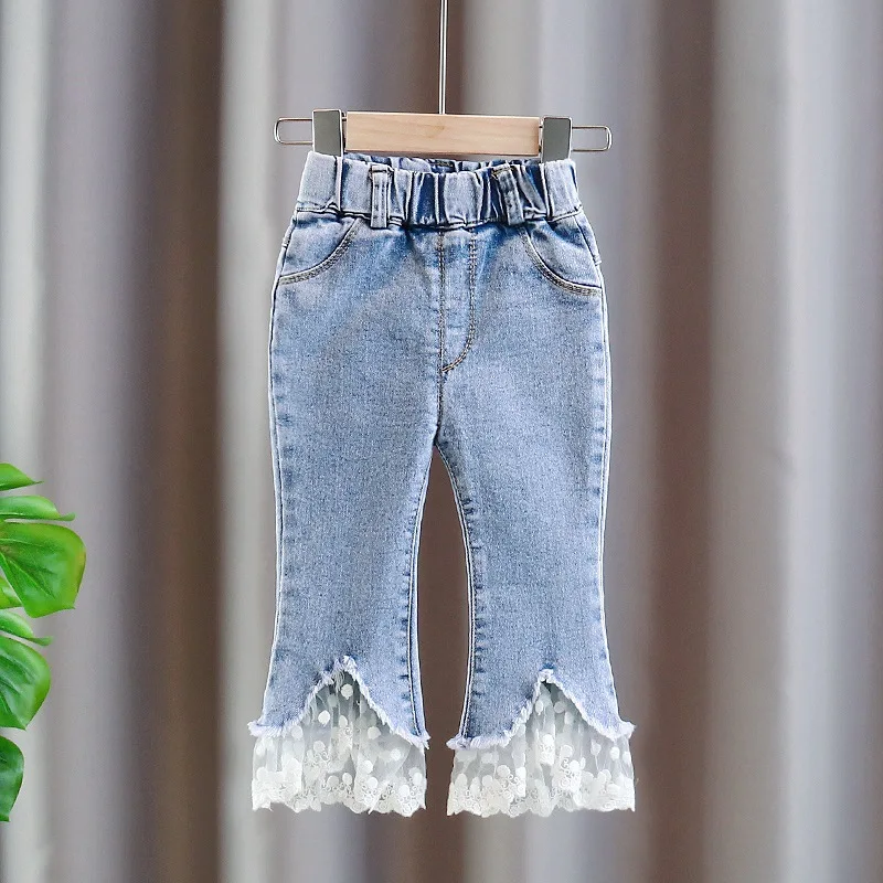 

Baby Girls Lace Cute Princess Jeans New Spring Children Denim Trousers Children Sweet Leisure Trouser Kids