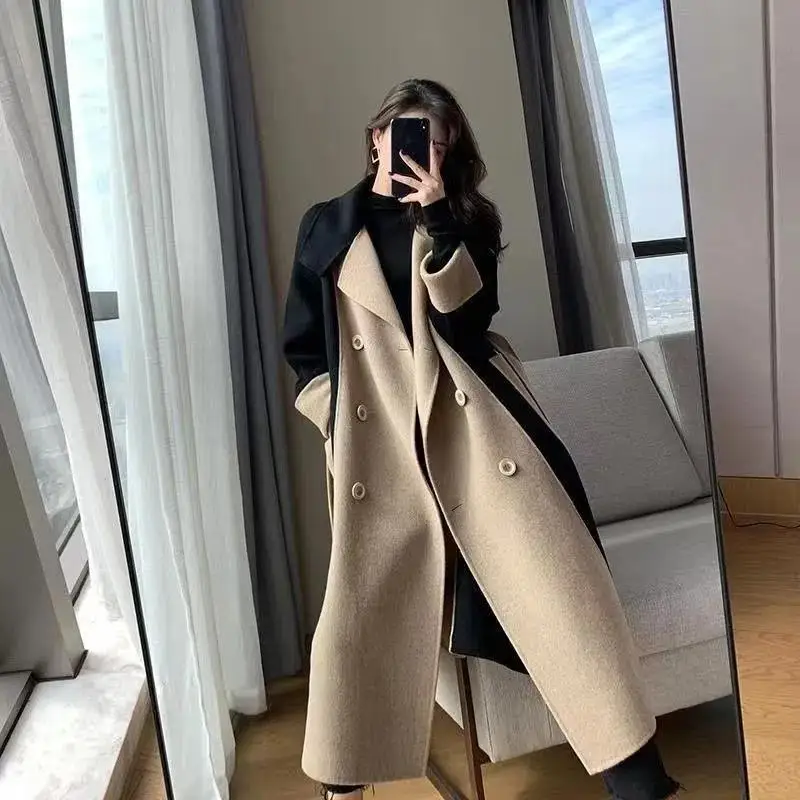 

2022 Winter New Women's Coat High-quality Long Double-sided Velvet Color-blocking Temperament Hepburn Style Thin Woolen Coat