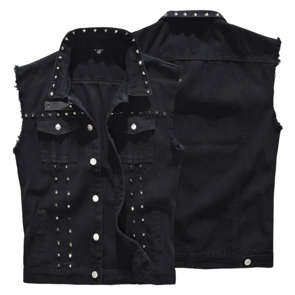 Men Vest Solid Color Sleeveless Rivets Single-breasted Slim Turndown Collar Waistcoat Streetwear