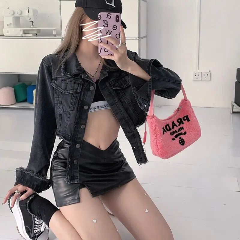 

Spring New Women Casual Slim Short Denim Jacket 2022 Autumn Korean Chic Lapel Collar Cropped Cowboy Coat For Ladies