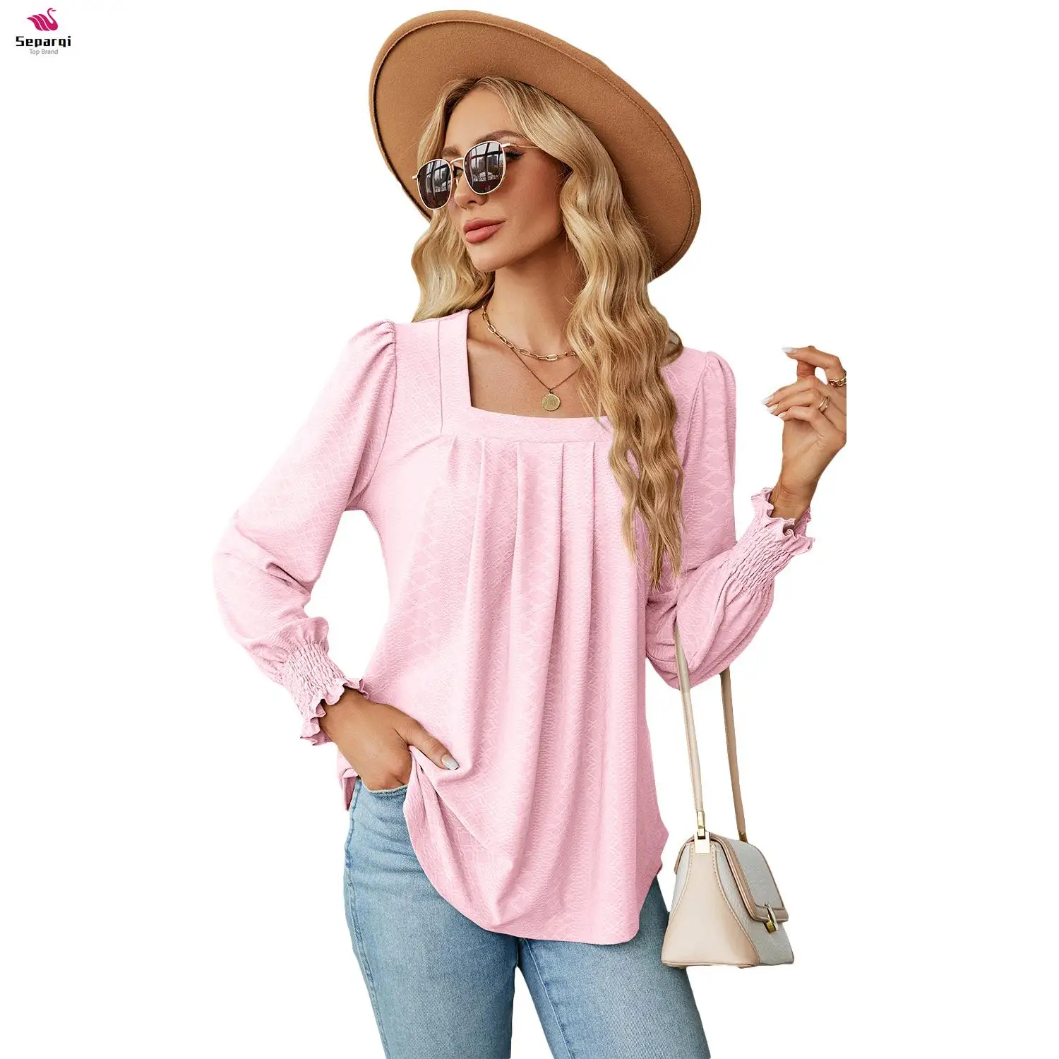 

SEPAQI 2023 Women Autumn/Winter New Jacquard Pleated Square Neck Long-Sleeve Tail Hem Solid Color T-shirt for Women