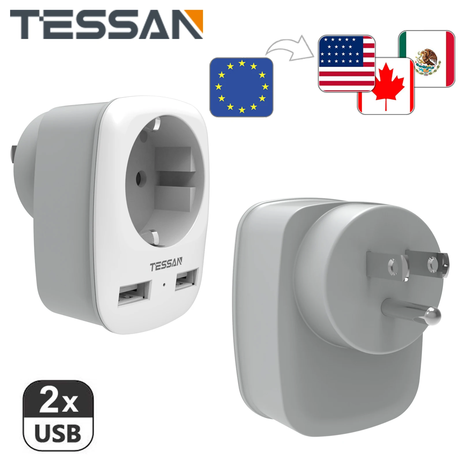 Дорожный адаптер TESSAN с 2 USB-портами (a) контакта Европа-3 США настенное зарядное