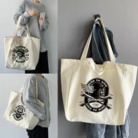 foldable reusable women shopping bags casual student canvas tote bags shopper bags 2022 skull pattern print shoulder bag handbag