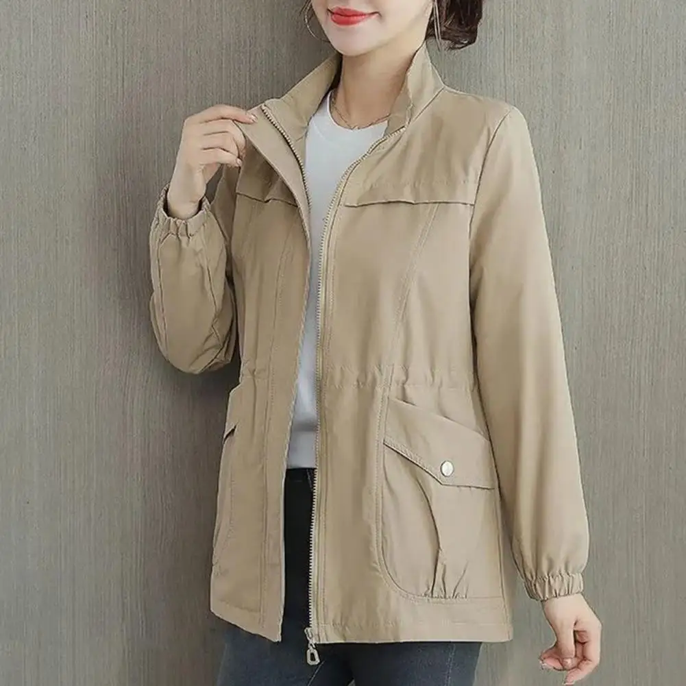 

Vintage Style Women Coat Stylish Women's Double Layer Windbreaker with Stand Collar Zipper Placket Inner Drawstring for Autumn