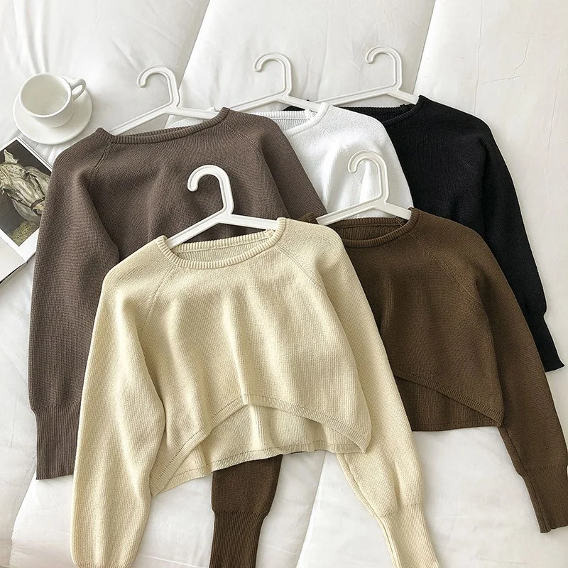 

Korean Round Neck Bubble Long Sleeve Short Sweater Women Exposed Navel Slim Knit Top