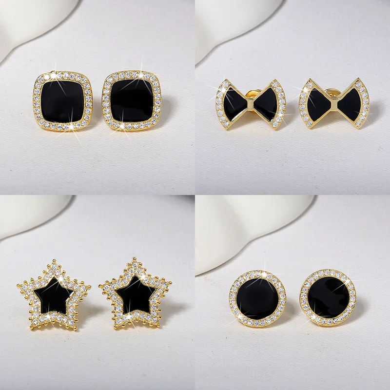 

Sterling Silver Needle Pentagram Female Black Temperament Bow Heart Earrings Korean Simple Women Luxury Jewelry