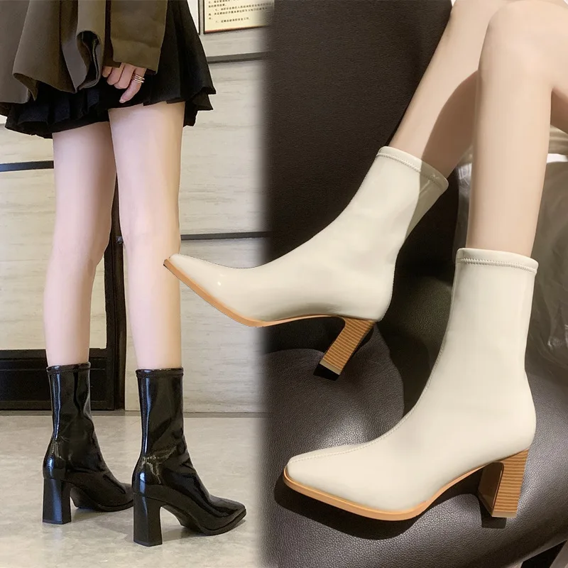 

Patent Leather Short Boots Women's Thick and High-heel Martin Boots Women's Square Toe White Stretch Boots Were Thin Thin Boots