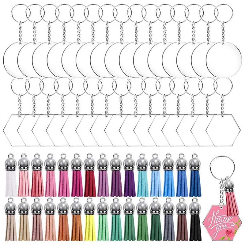 

120PCS Acrylic Keychain Blank Set Diy Handmade Key Accessories Craft Project Tassel Pendant Colorful for Decorative Souvenirs