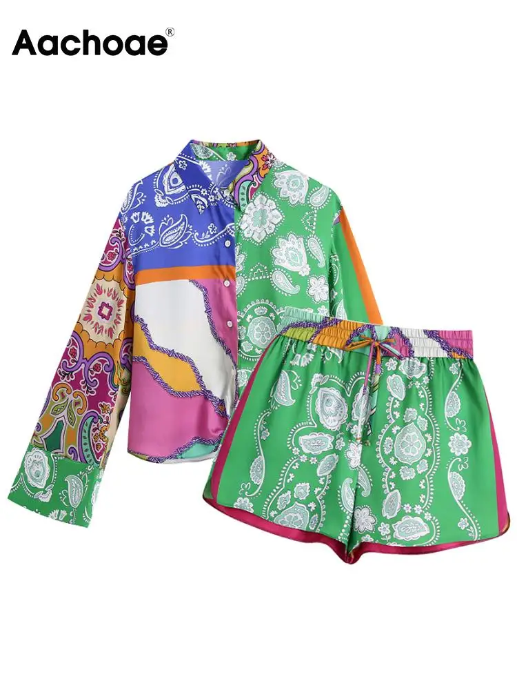 

Aachoae Vintage Patchwork Printed 2 Piece Set Women Bow Tie Long Sleeve Single Breasted Blouse Shirts Strech Waist Casual Shorts