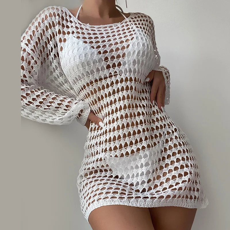 

Women Knit Bikini Cover-Ups Solid Color Cutout See-Through Mini Beach Dress Crew Neck Long Dress Sunscreen Tops, 3 Colors