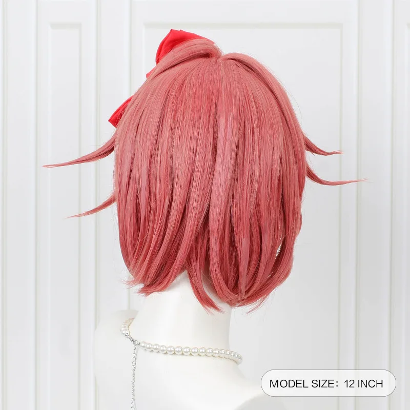 Фото Женский парик для косплея Doki Literature Club Sayori, розовые короткие термостойкие синтетические волосы, парик с шапочкой и бантом №4