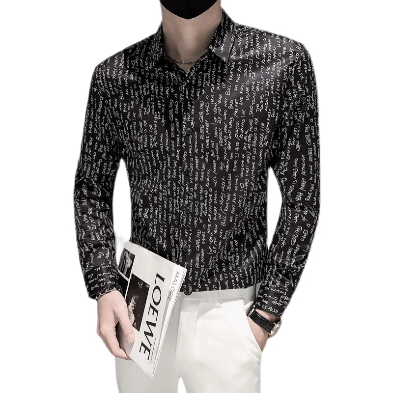 Full Letter Print Men Long Sleeve Casual Shirts 2021 Autumn Business Formal Dress Shirts Slim Fit Streetwear Social Party Blouse