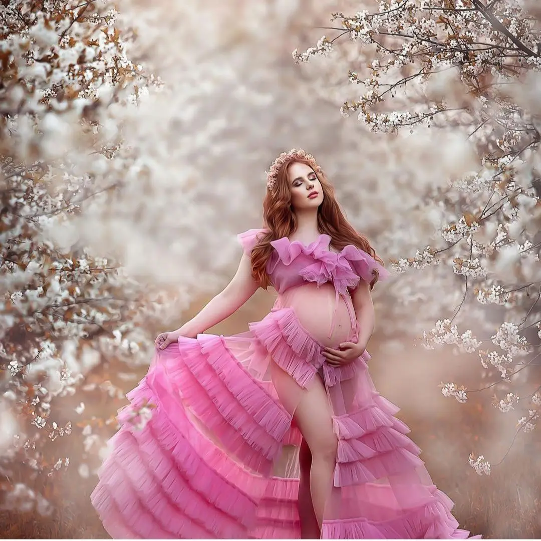 

See Thru Pink Tulle Maternity Dress Tiered Ruffles Prom Dresses Made to Order Sleeveless Party Robes for Photoshoot