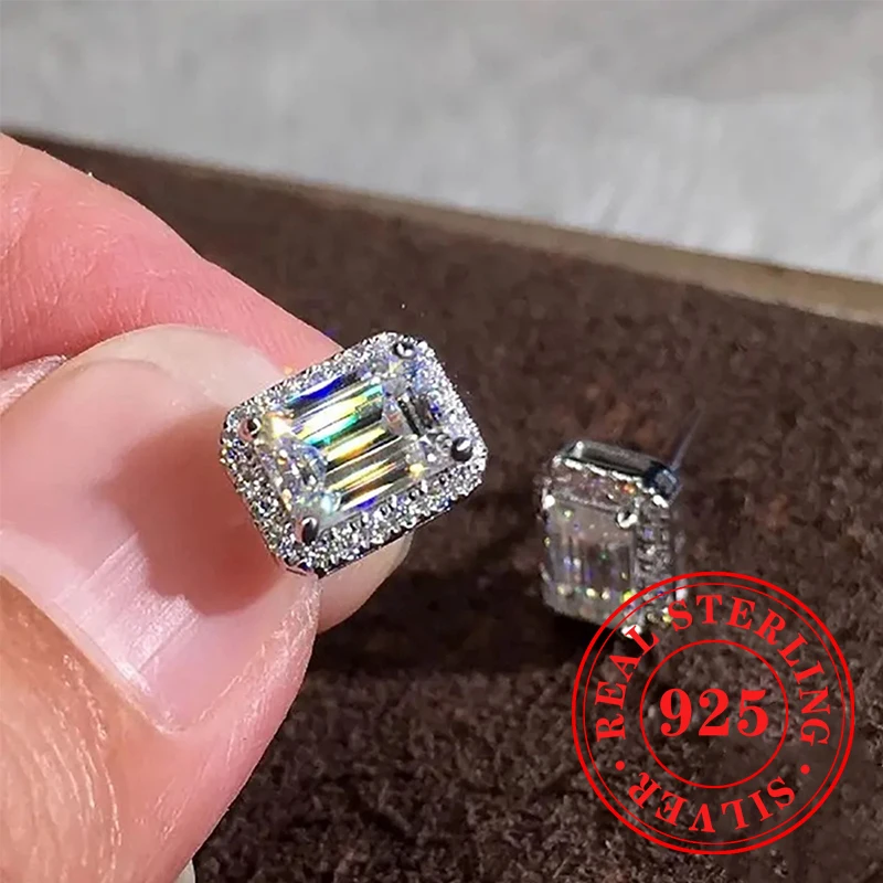 Серьги-гвоздики женские прямоугольные из серебра 925 пробы с фианитами