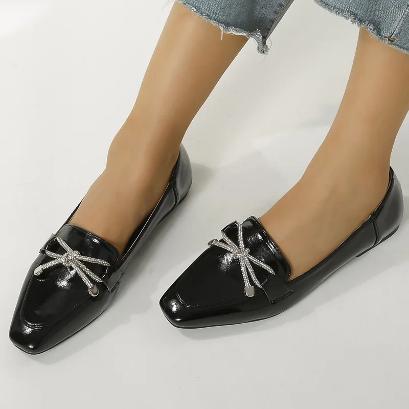plus size 36-42 crystal bow-knot flats shoes women loafers  square toe soft leather fashion design shoes ladies loafers woman