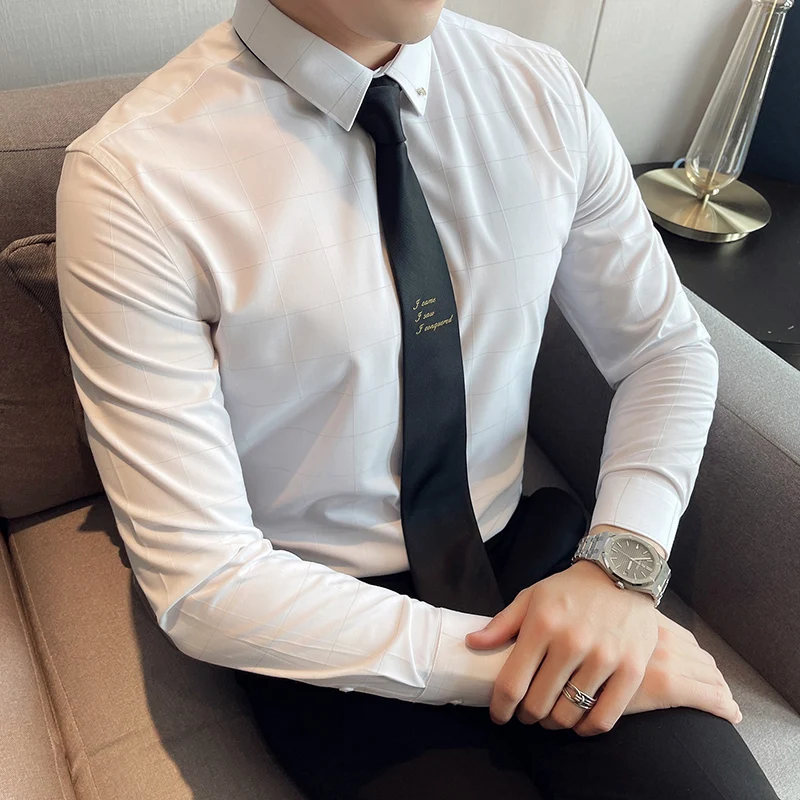 Brand Plaid Men's Long-sleeved Slim Fit Shirt 2021 Autumn Casual Handsome Cotton Men's White Shirt for Male Business Dress Tops