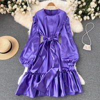 vintage ruffle bow satin party dress 2021 sexy lace up waist closing bubble sleeve dinner evening christmas swing maxi dress