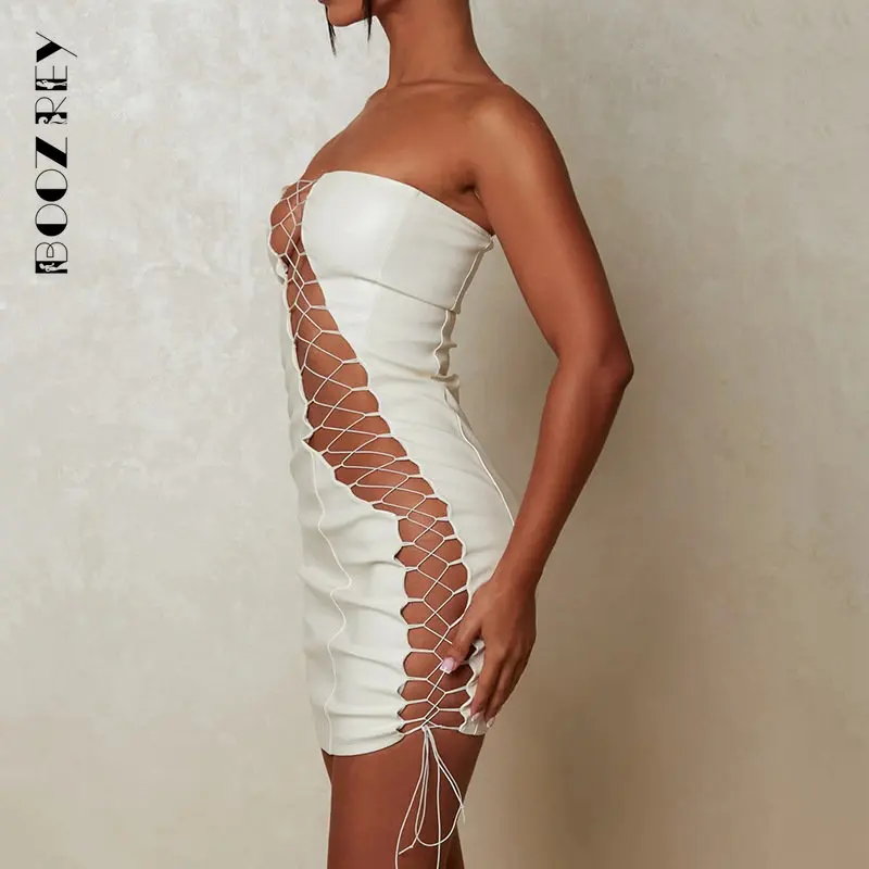 

BoozRey Sexy Bandage Hollow Sleeveless Strapless Bodycon Pu Leather Mini Dress for Women Party Clubwear Backless Dresses Outfits