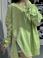 deeptown korean fashion letter print oversized green sweatshirts women harajuku draw string off shoulder pullover female tops