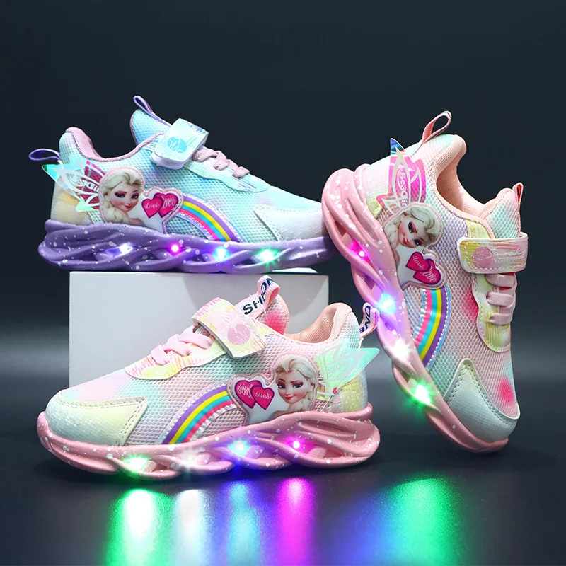 

Baby Girl Princess LED Light Shoes Kid Spring Autumn Cartoon Frozen Anna Elsa Children Casual Sneakers Running Sport Shoes 21-35