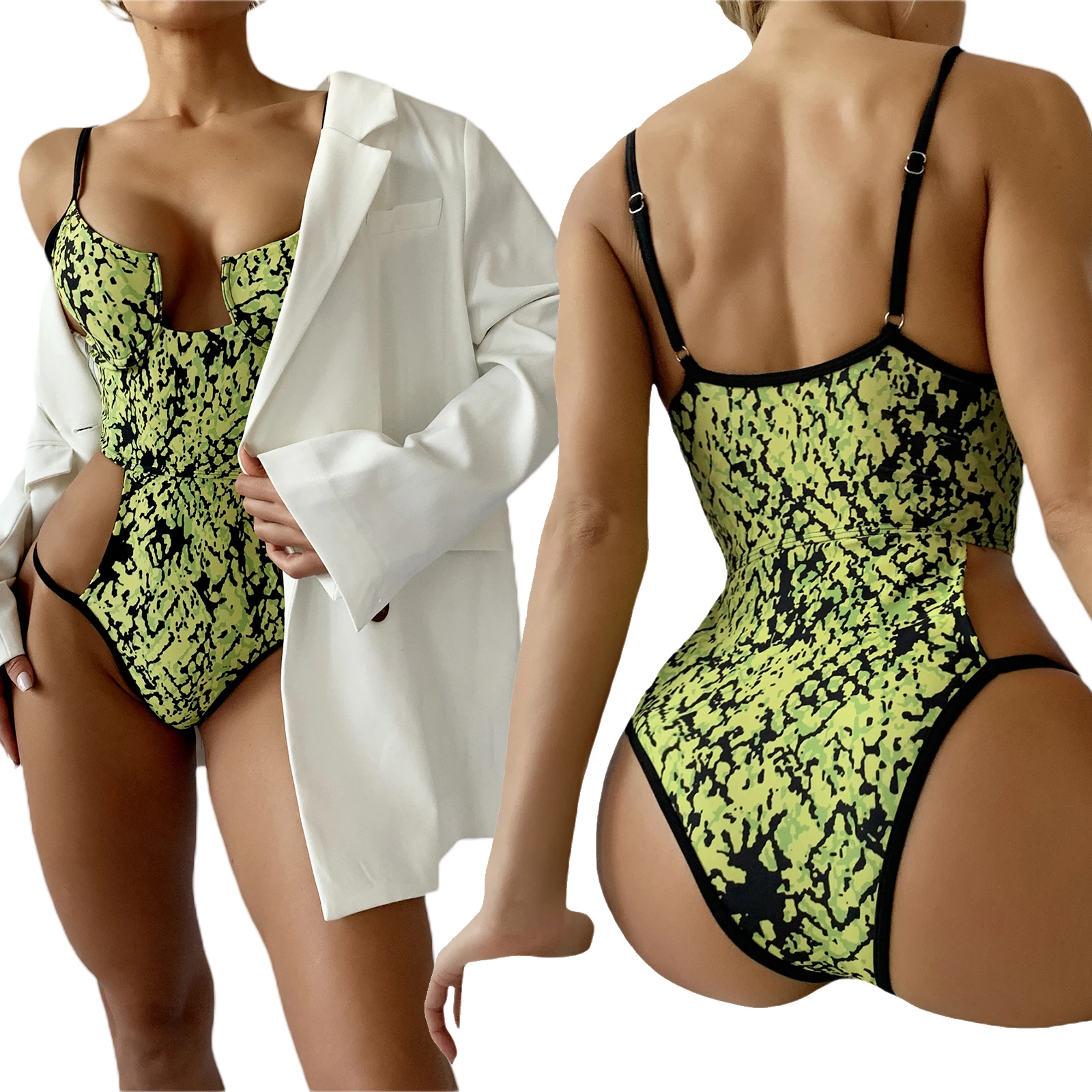 

Women's Summer Skinny Bodysuit Swimwear Sleeveless Backless Pattern Print Hollow Waist Swimsuit