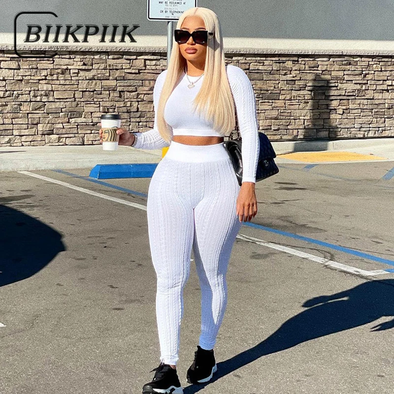 

Повседневный однотонный комплект BIIKPIIK из двух предметов, Модный облегающий укороченный Топ с длинным рукавом и брюки с высокой талией, женс...
