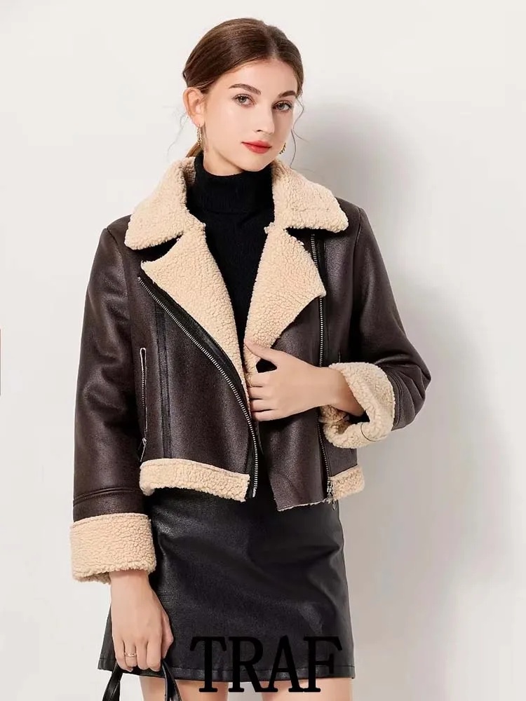 

TRAF 2023 Women Pocket Fur Faux Leather Short Jacket Coats Fashion Zipper Vintage Autumn Winter Causal Street Slim Warm Tops