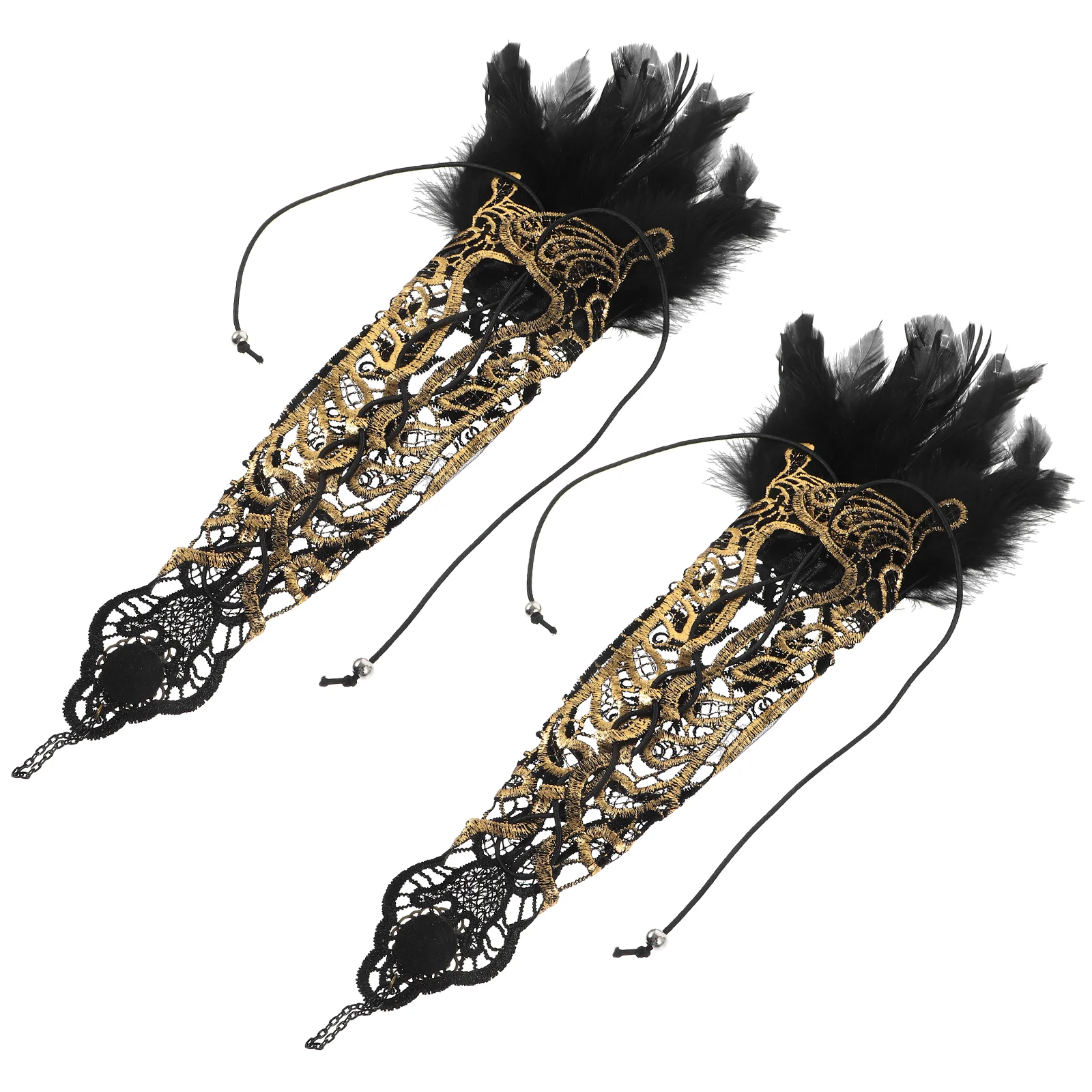 

1 Pair Punk Lace and Plumes Fingerless Gloves Long Elbow Gloves for Costume Party Tying Arm Sleeve