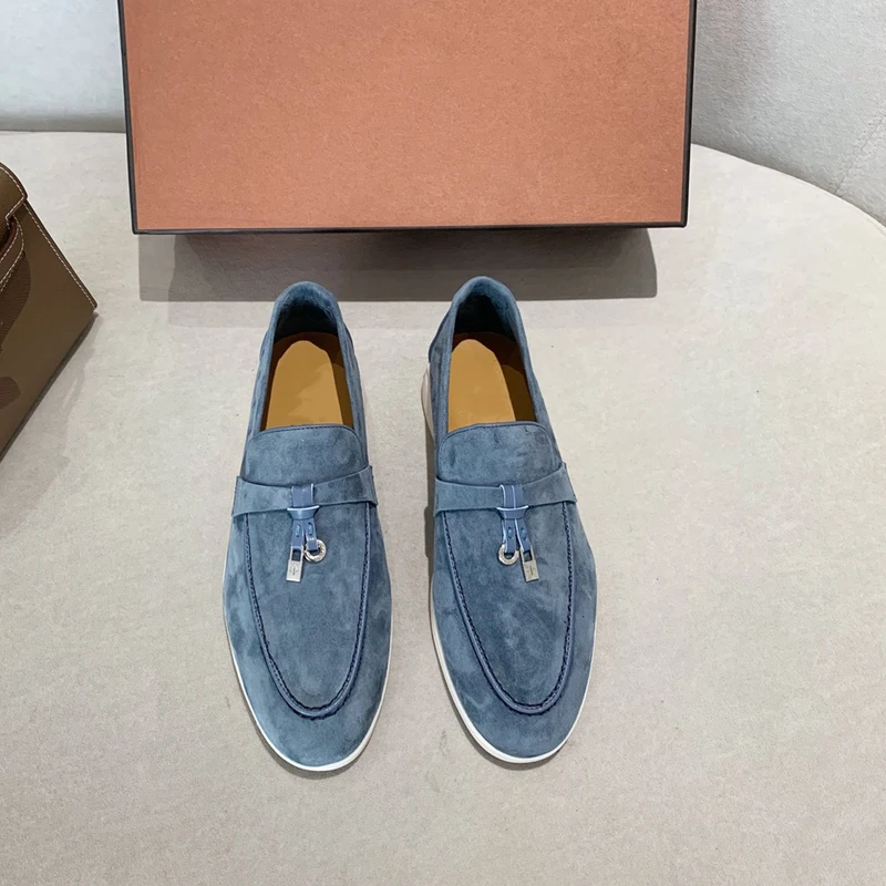 Loro Shoes Designer Suede Women loafers 2023 Summer Men Flat Shoes Metal Lock Slip-on Causal Moccasin Comfortable Mules lazy