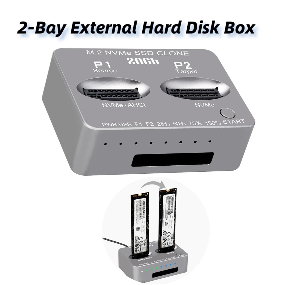 

Dual-Bay M.2 NVME SSD Clone USB3.2 Type C External Hard Disk Box Gen2X 20Gbps M/B M Key M.2 M.3 NVME PCI-E for M2 SSD M Key SSD